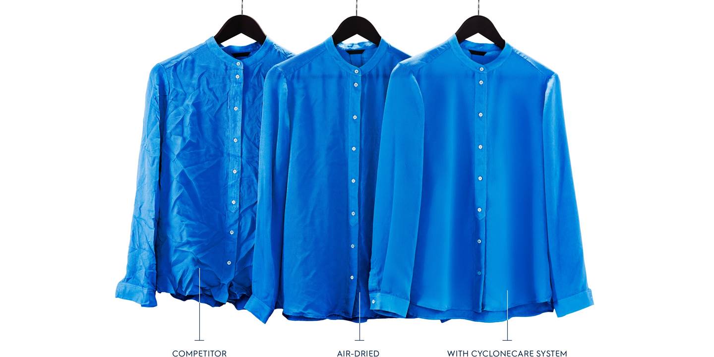 Сравнение рубашек, высушенных на воздухе, и рубашек, высушенных с помощью системы CyclonCare.